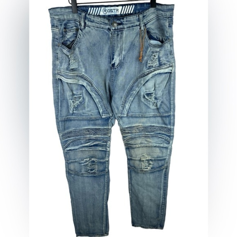 R GSTR men’s 3D distressed Moto light wash blue jeans 38x31